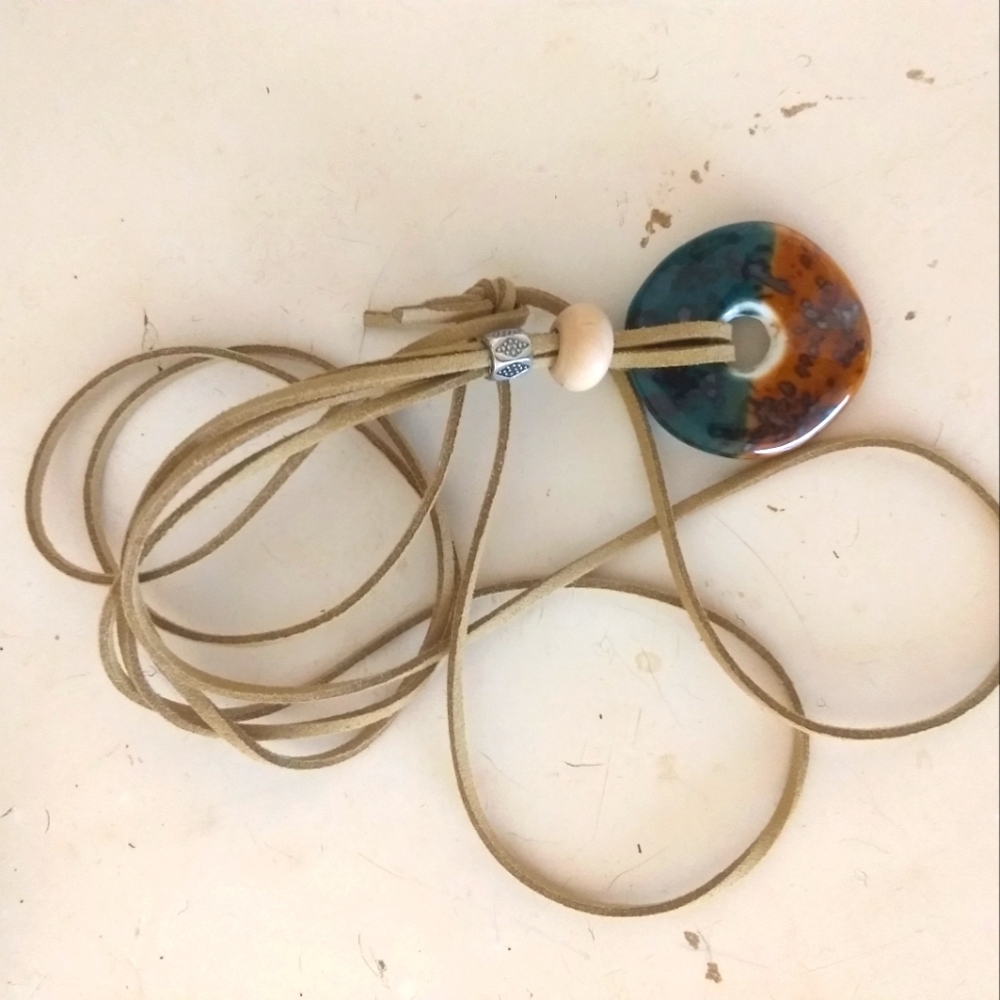 ❄3/$12 SALE❄ Handmade Glass Ceramic Teal Blue Brown Pendant Necklace